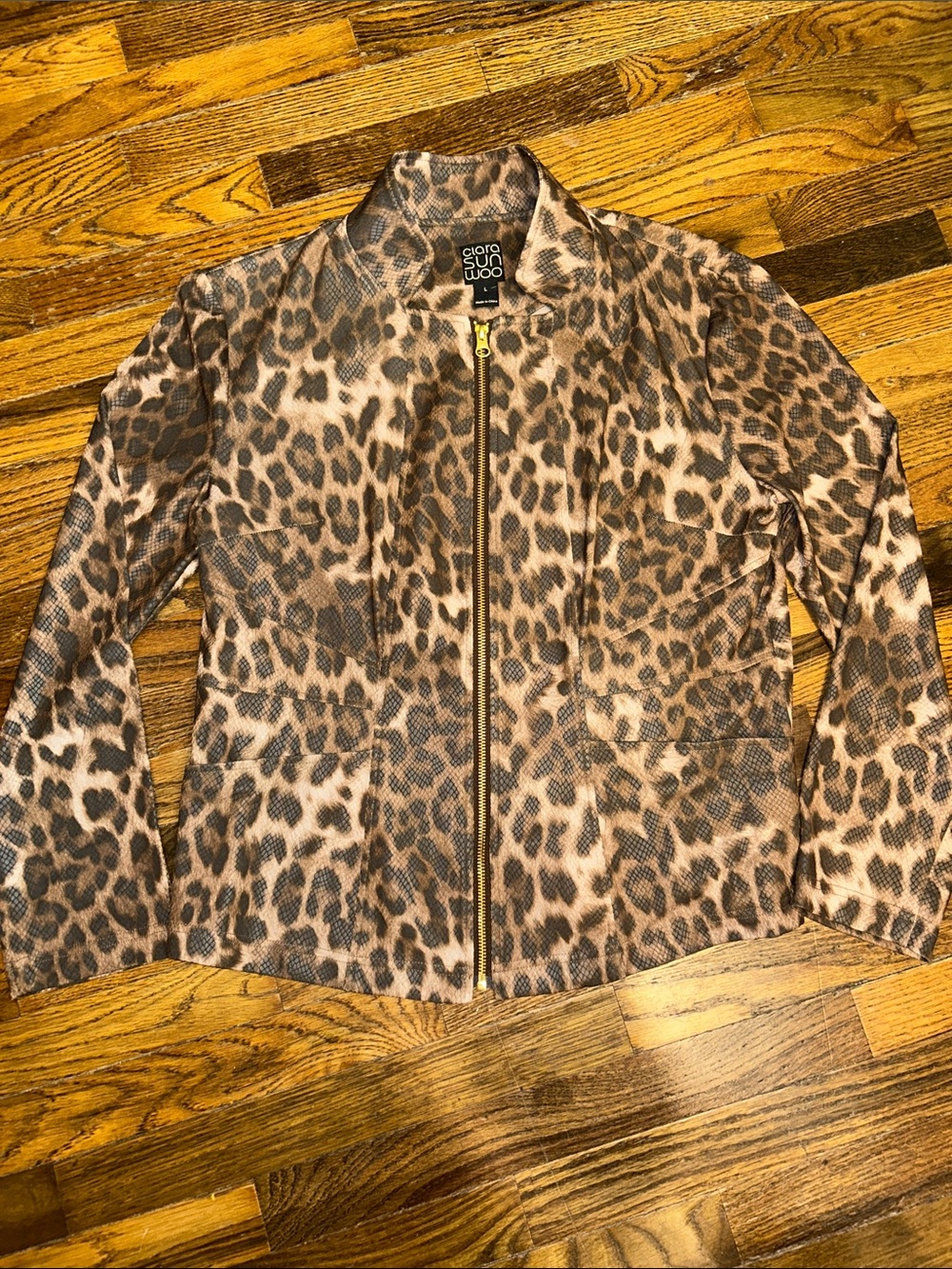 Clara Sun Woo Leopard Print Leather Jacket in Brown and Black